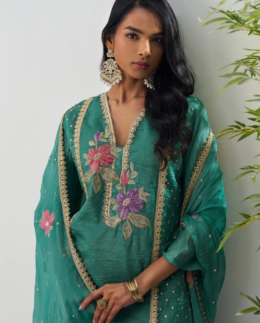 1004 - Dark Emerald Green Silk Pant Suit With Chiffon Dupatta